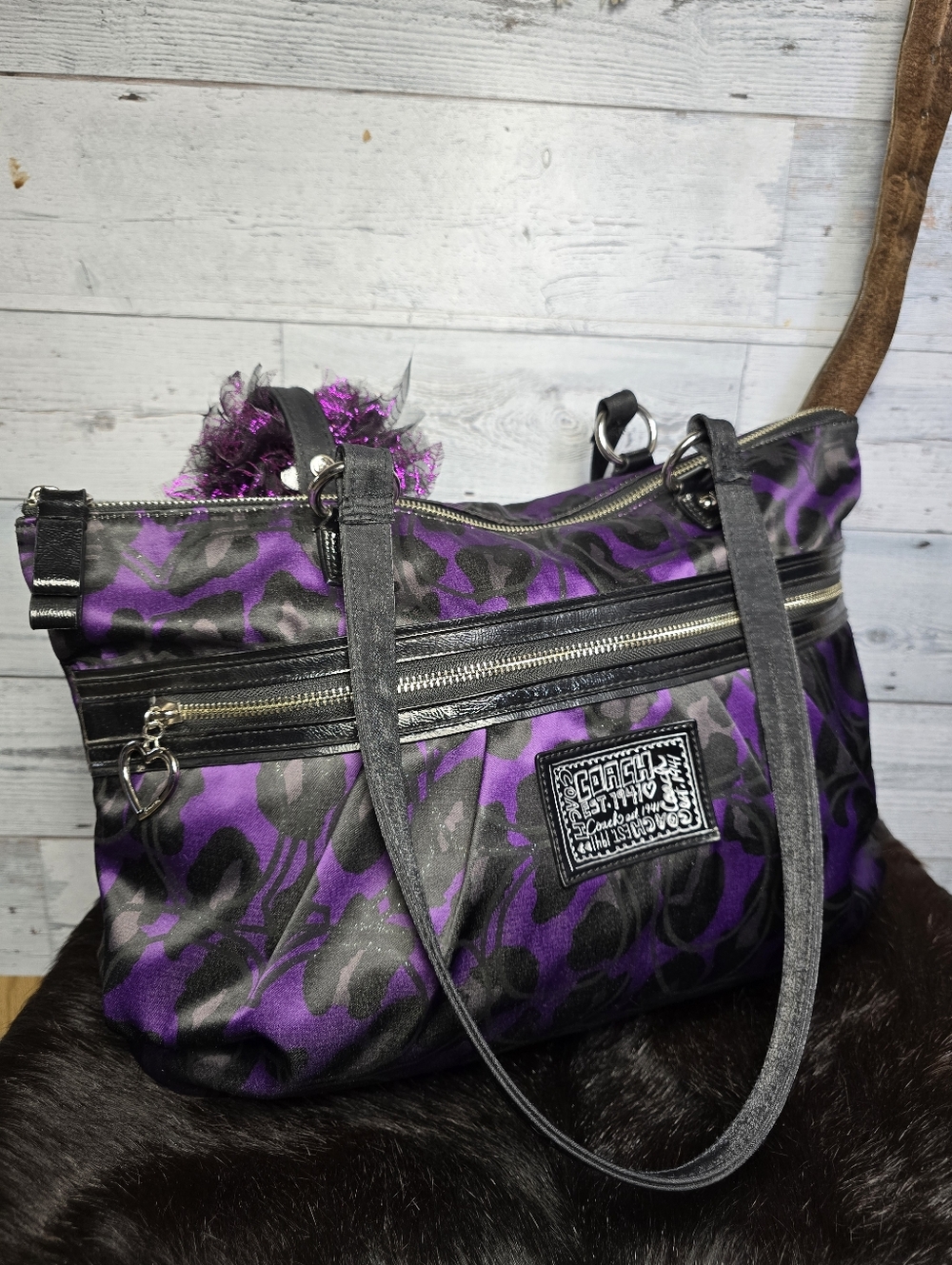 Y2K Coach Poppy Daisy Ocelot Glam Tote Purple Leopard Print Glitter Indie Sleaze - Picture 3 of 14